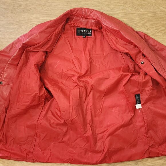 Wilson Red Leather Jacket Womens Size Medium Two Button Waistband Tie READ - Picture 2 of 15